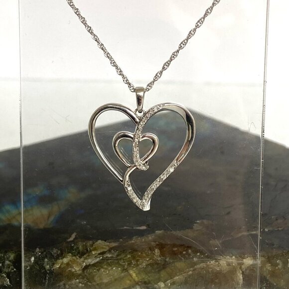 Sterling Silver 925 0.15 CTTW Diamond Heart In Heart Pendant Necklace 18" Chain - Picture 6 of 16